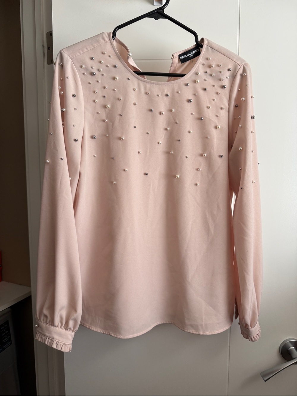 Karl Lagerfeld Blush Pink Pearl-Embellished Long Sleeve Blouse
